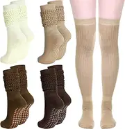 [Maiteenly] 8 Pairs Grip Pilates Socks for Women Yoga Slouch Long Socks Non Slip Athletic Barre Workout Women with Grips for Ballet Dance Barefoot Hospital Pregnant, Brown, Beige, One Size