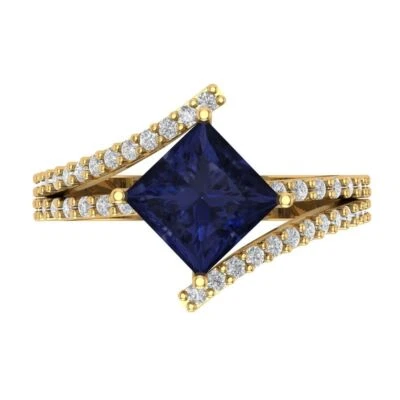 2.49Ct Princess Cut Blue Sapphire Solid Gold Engagement Promise Statement Ring