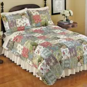 BEAUTIFUL PATCHWORK SAGE GREEN IVORY PINK ROSE BLUE FLORAL QUILT BEDSPREAD SET