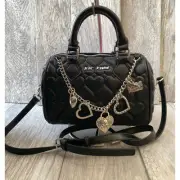 Betsey Johnson Black Quilted Heart Satchel Bag – Charm Chain & Crossbody Strap