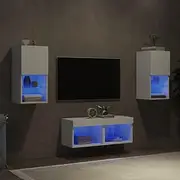 4 Piece White Floating TV Wall Cabinets, Media Storage Unit with RGB LED Lights for Living Room Decor