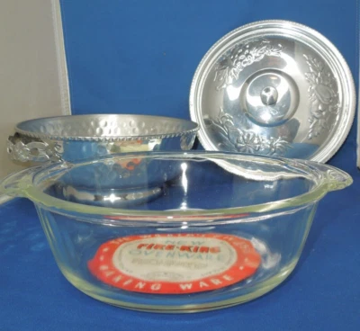 Mid Century Hammered Aluminum Serving Dish with 1.5 Qt, Fire King Glass Insert