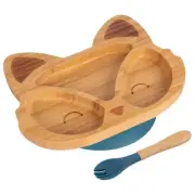 2pc Tiny Dining Navy Blue Bamboo Fox Baby Weaning Plate & Fork Set with Suction