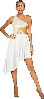 [Aislor] Womens Asymmetrical Liturgical Praise Dance Tunic One Shoulder Lace Patchwork Dresses Dancewear