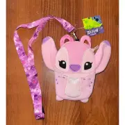 Disney Lilo & Stitch Angel Pink Plush Lanyard passport with Card Holder Disney
