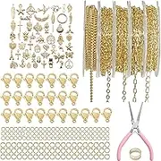 16.4 ft Necklace Chain for Jewelry Making, 5 Rolls Silver Plated Chains for DIY Necklace Bracelet Jewelry Making Accessories with Charm Pendants Jump Rings Lobster Clasps Pliers（Gold