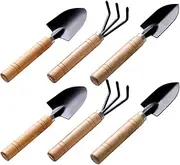 POPETPOP 6Pcs Mini Gardening Tools Set Plant Tools with Wooden Handle Rake Spade Shovel for Indoor and Outdoor Gardening for Transplanting Digging and Weeding Tasks