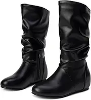 Pixoecuty Women Slouch Mid Calf Flat Boots Wide Calf Side Zipper Wedge Low Heel Comfort Casual Boots Pull On