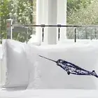 Narwhal whale Pillow Cover Cotton Pillowcase Queen Size Coastal Nautical Bedding