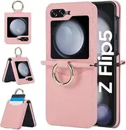 [UYPTK] Cross Grain Leather Ring Phone Case for Samsung Galaxy Z Flip 6 5 4 3 Flip5 Flip4 Flip6 Wallet with Card,Pink,for Galaxy Z Flip5