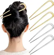 4 Pcs Hair Pins Large U-shaped Chignon 2 Prong Bun Hair Sticks Vintage Metal Forks Stick Accessories for Long Thick Hair Women (Gold+Silver, One size)