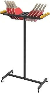 Rolling Ping Pong Paddle Rack with 8 Balls Holder, Black Table Tennis Racket for Office Break/Bar Room/Home Gym/Garage Display, Sturdy Steel Frame