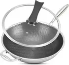 13"Honeycomb Non Stick Wok Pan Stainless Steel Stir-fry with Lid Skillet