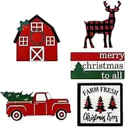 Christmas Desk Decor | Christmas Decorative Table Signs | Parties Decorating Supplies, Farmhouse Truck Tree Reindeer Winter Home Decor for Table Fireplace Shelf