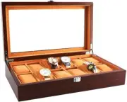 Mahogany Wood Watch Box Case Display Organizer Glass Top for 12 Watches/Jewelry