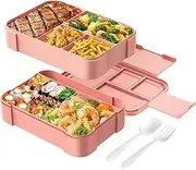 [Cherrysea] Stackable Bento Box Large Adult Lunch Container 6 Compartments Leakproof Kids Toddler Bento Lunch Box for School, All in One Pink Lunch Box with Adjust Divider for Office, Picnic - 1500ML