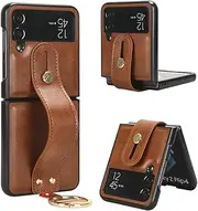 Compatible with Samsung Galaxy Z Flip 4 Case Cover,PU Retro Cell Phone case with Wrist Strap Compatible with Samsung Galaxy Z Flip 4 5G Case Brown
