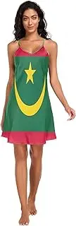 [RPLIFE] Mauritania National Flag Satin Slip Dress, Adjustable Spaghetti Strap V Neck Soft Lounge Slip Dress, S
