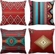 ArtSocket Set of 4 Throw Pillow Covers South Southwest Western Tribal Red Native American Home Cultural Geometric Hue Country Decorative Pillow Cases Home Decor Square 18x18 Inches Pillowcases