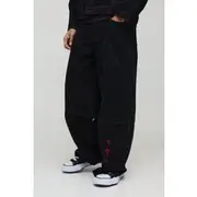 Mens Washed Black Extreme Baggy Rigid Zip Off Leg Cross Embroidery Denim Jeans