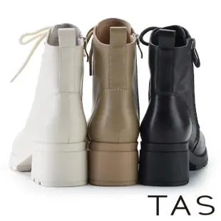 【TAS】率性綁帶真皮中跟經典短軍靴(米色)