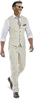 [Bofan] Casual Linen Beige Men's 2 Piece Suits Wedding Suits Slim Fit Groomsmen Tuxedos Prom Waistcoat Summer Linen Vest+Pant