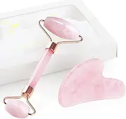 GeeRic Jade Roller and Gua Sha Scraping Massage Tool Anti-aging Quartz Natural Facial Jade Stone Set - Face Eye Neck Beauty Roller For Slimming&Firming - Rejuvenate Skin & Remove Wrinkles Pink