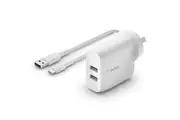 Belkin Dual USB-A Wall Charger 24W Plug Adapter w USB-C Charging Cable White