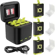 TELESIN 3 Pack Charger Battery Set for Go Pro Hero 10 Hero 9 Black, Triple Charging Case Support 3 Batteries Charge and 3 TF Card Storage,with 3 Battery Carry Boxes for Go Pro 10 9 Accessories