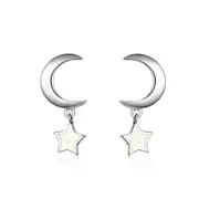 Sterling Silver Crescent Moon & Opal Star Stud Hypoallergenic Earrings