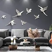 BIENKA Light Luxury Feather Wall Hanging,Distressed Feather Wall Decor with 7 Flying Birds Wall Sculpture, Hand Painted Feather Wall Hanging Art, White Wall Art for Living Room,Bird Sculpture