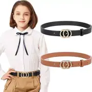 2 Pack Leather Belts Kids Skinny Double O Ring Buckle Dress Pants Dresses MED