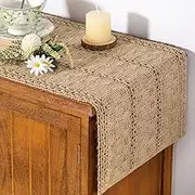 Socomi Burlap Small Table Runner Boho Rustic Macrame Spring Easter Jute Vintage Farmhouse Coffee Table Dresser Scarf for Dining Room Kitchen Home Decor Bridal Shower 48 inch