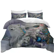 Winter Fairy with Two White Wolves and Butterflies Quilt Cover