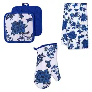 4 PIECE SET Blue Floral Flower JACOBEAN Kitchen Towel Oven Mitt Pot Holders
