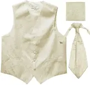 New Men's Paisley Tuxedo Vest Waistcoat & Ascot Cravat & Hankie Wedding Ivory