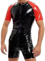 [SMGZC] Men's Sexy Jumpsuit Wet Look Shiny PU Leather Tight Catsuit Lingerie Latex Short Sleeve Top Bodysuit Shorts Clubwear