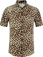 [Lars Amadeus] Men's Leopard Print Shirt Short Sleeves Button Up Casual Summer Animal Printed Shirts