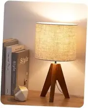 Tripod Table Lamp, Small Cute Bedside Lamp with Linen Beige Bohemian
