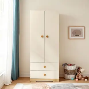 林氏木業簡約原木色雙門對開雙抽兒童衣櫃 DE3D-原木色+白色
