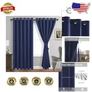 Elegant Navy Blue Blackout Curtains with Tiebacks, Thermal Insulated (Set of 2)