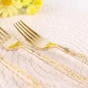 24 CLEAR 8.5" Plastic FORKS with Gold Glittered Handle Wedding Party Tableware