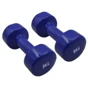 2 Pack of 9kg Vinyl Cast Iron Dumbbell Hand Weight - Blue - Total 18kg