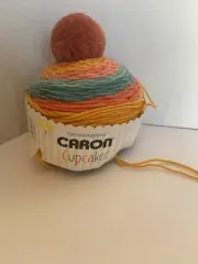 Yarnspirations Caron Cupcakes crochet knit yarn hat pattern pompom MANGO TANGO