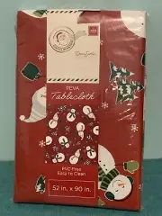 Santa's Workshop Christmas Snowman Red Vinyl Rectangle 52" x 90" Tablecloth NEW