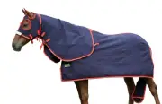 Rumani Navy Pure Cotton Drill SUMMER HORSE RUG SHOW SET HOOD TAIL BAG Red Trim