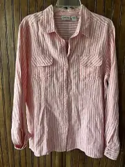 Chicos Pink Striped Long Sleeve Linen Shirt Snap Front Sz 2 Medium NWT