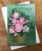 VTG HALLMARK Greeting Card, Get Well/St. Patrick’s Day, Basket Of Pink Roses