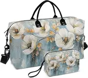 [ZRYSMY] Duffel Bag for Traveling, White Gold Floral Branch Travel Bag Gym Bag, with Multiple Interior Pockets Shoulder Weekender Bag for Women Men with Toiletry Bag 20.5L x 1.9W x 13.8H, Multi-Colored