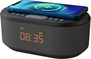 i-box Bedside Wireless Charging Alarm Clock Radio with Dimmable LED Display - Non Ticking Mains Powered Dual Alarm Clock with USB Charger and Bluetooth Speaker, Black